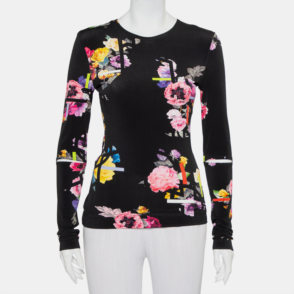 Pre-owned Preen By Thornton Bregazzi Black Floral Printed Jersey Cutout Sleeve Detail Top M