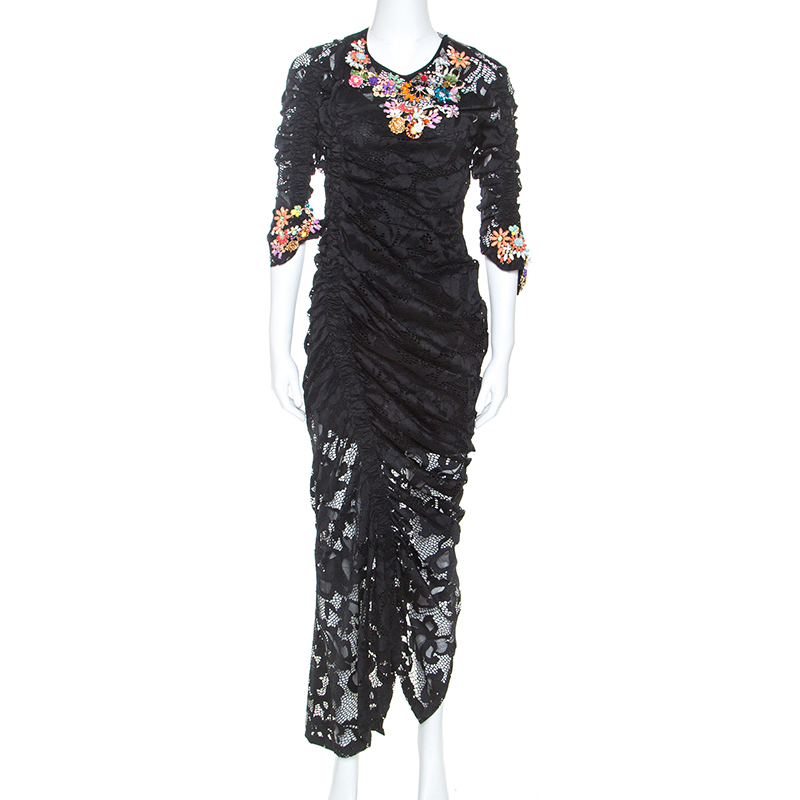 

Preen Black Stretch Lace Embellished Detail Ruched Georgia Dress L