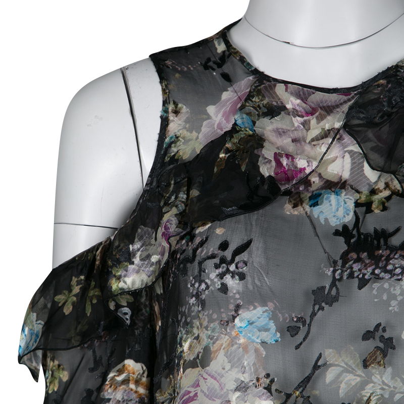 Pre-owned Preen By Thornton Bregazzi Floral Print Devore Chiffon Cold Shoulder Alva Top S In Black