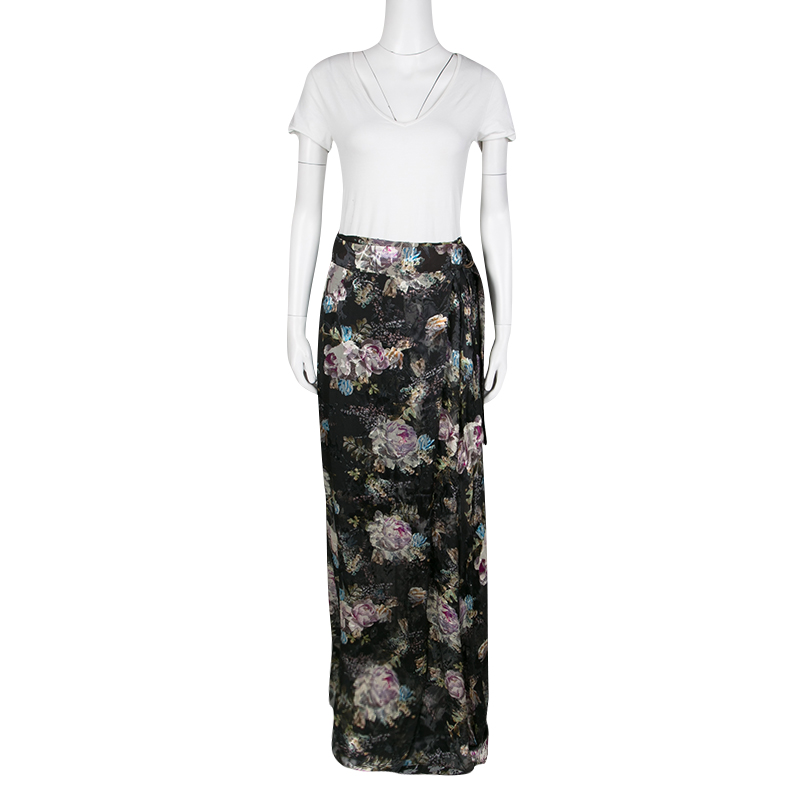 

Preen By Thornton Bregazzi Floral Print Devore Chiffon Adria Maxi Wrap Skirt, Black