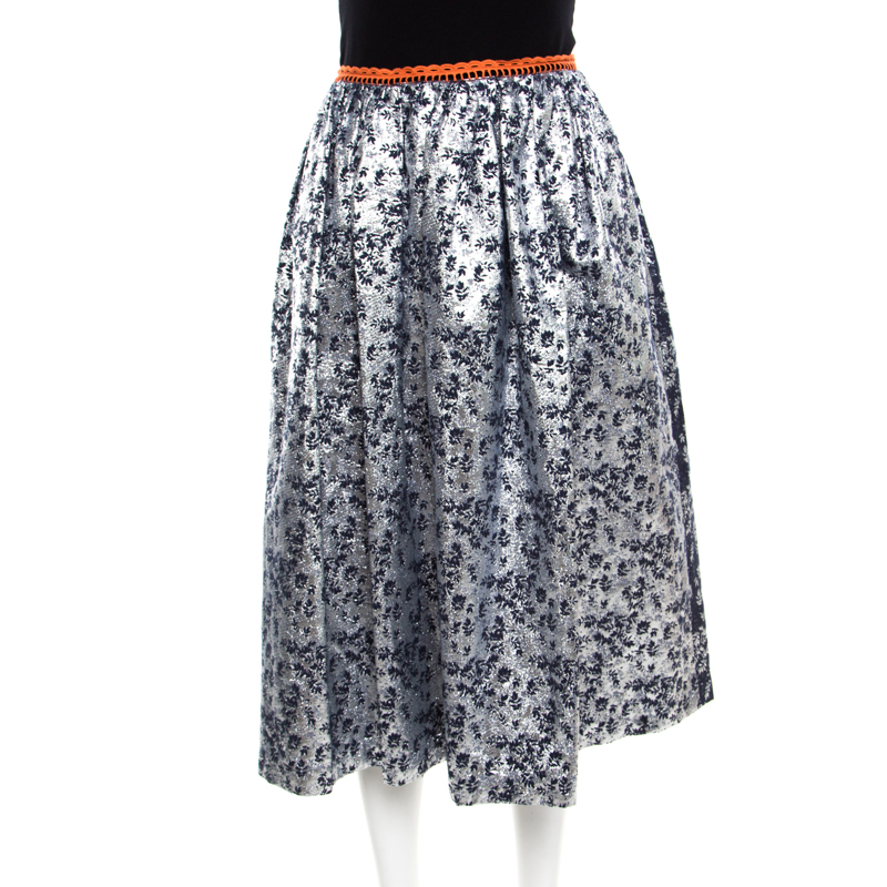 

Preen by Thornton Bregazzi Silver and Navy Blue Floral Jacquard Midi Skirt