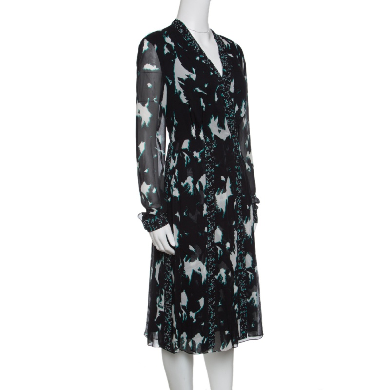 

Proenza Schouler Black Printed Silk Pleated Long Sleeve Dress
