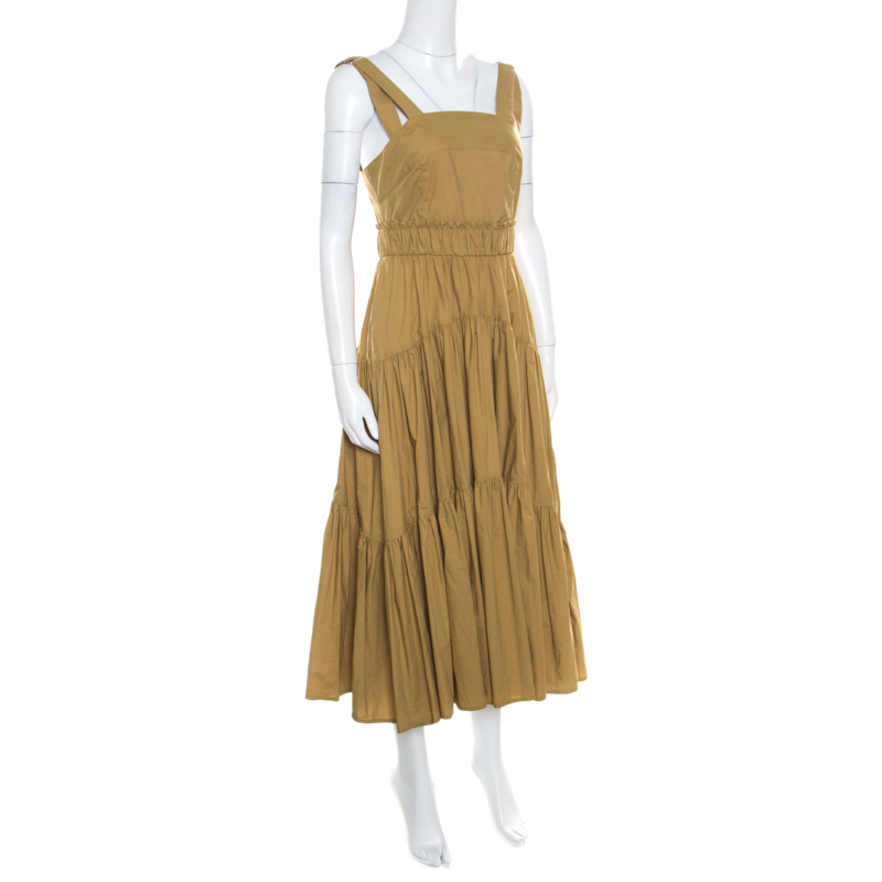 

Proenza Schouler Khaki Green Cotton Tiered Tea Length Sleeveless Dress