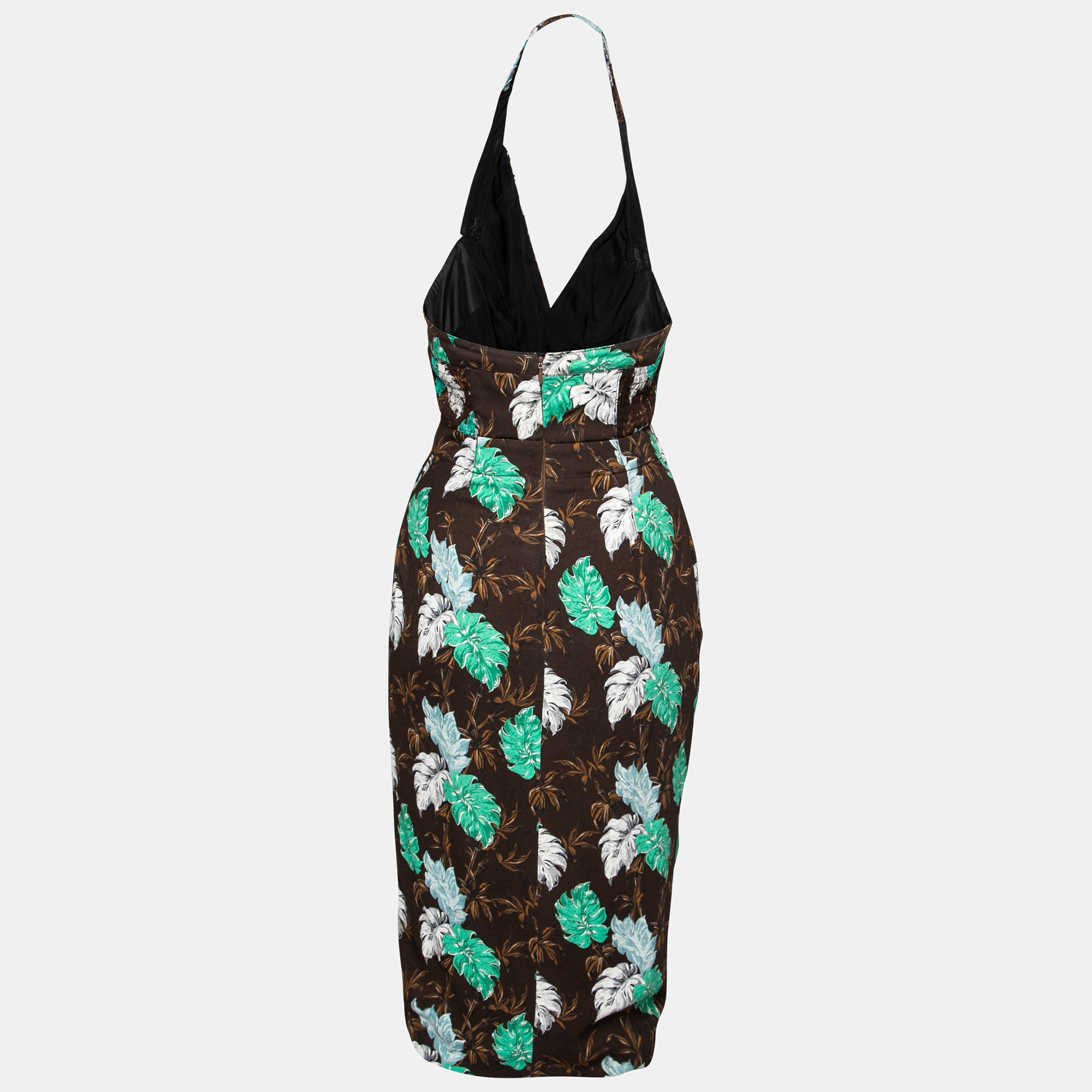 

Proenza Schouler Brown Jungle Leaf Print Draped Halter Midi Dress