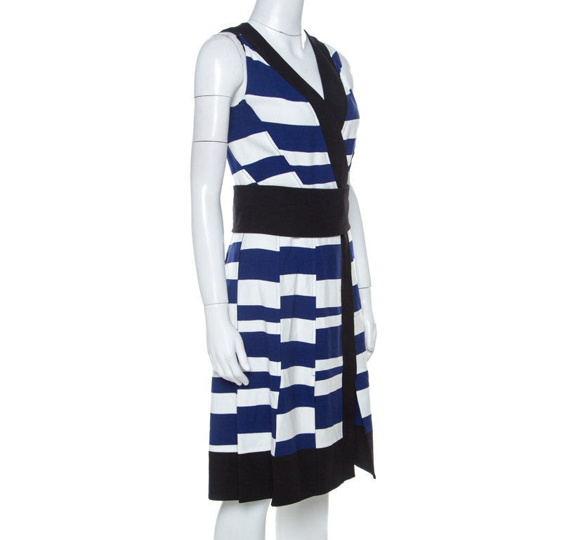 

Proenza Schouler Blue White & Black Striped Sleeveless Paneled Dress