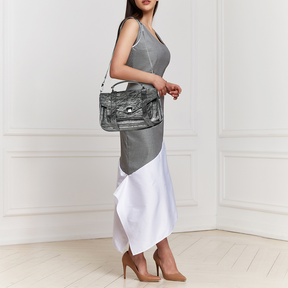 

Proenza Schouler Metallic Silver Leather Medium PS1 Top Handle Bag