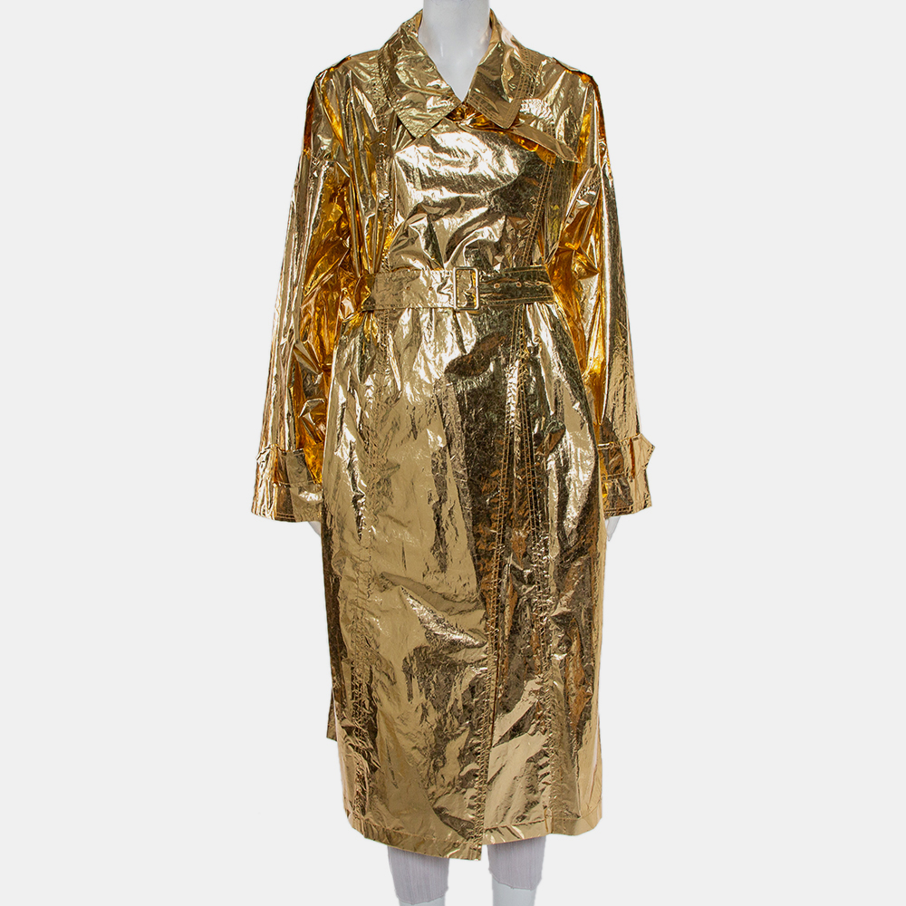 Pre-owned Push Button Metallic Gold Crinkled Synthetic Belted Oversized Trench Coat M
