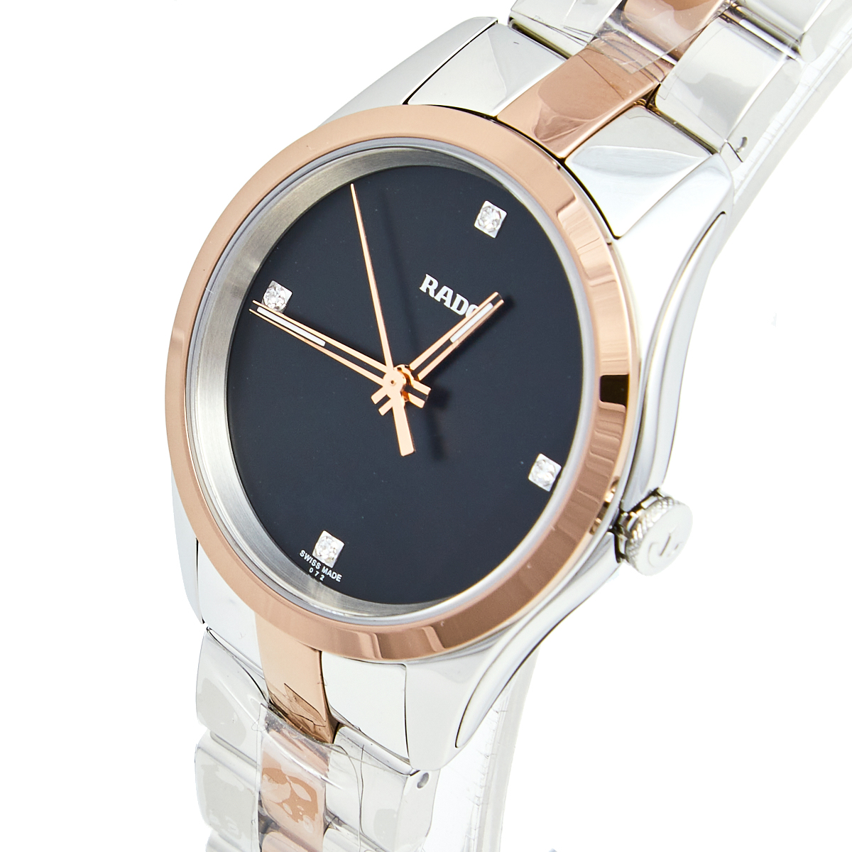 

Rado Black Rose Gold Plated Ceramos Stainless Steel Diamond Hyperchrome R32976722 Women's Wristwatch, Silver