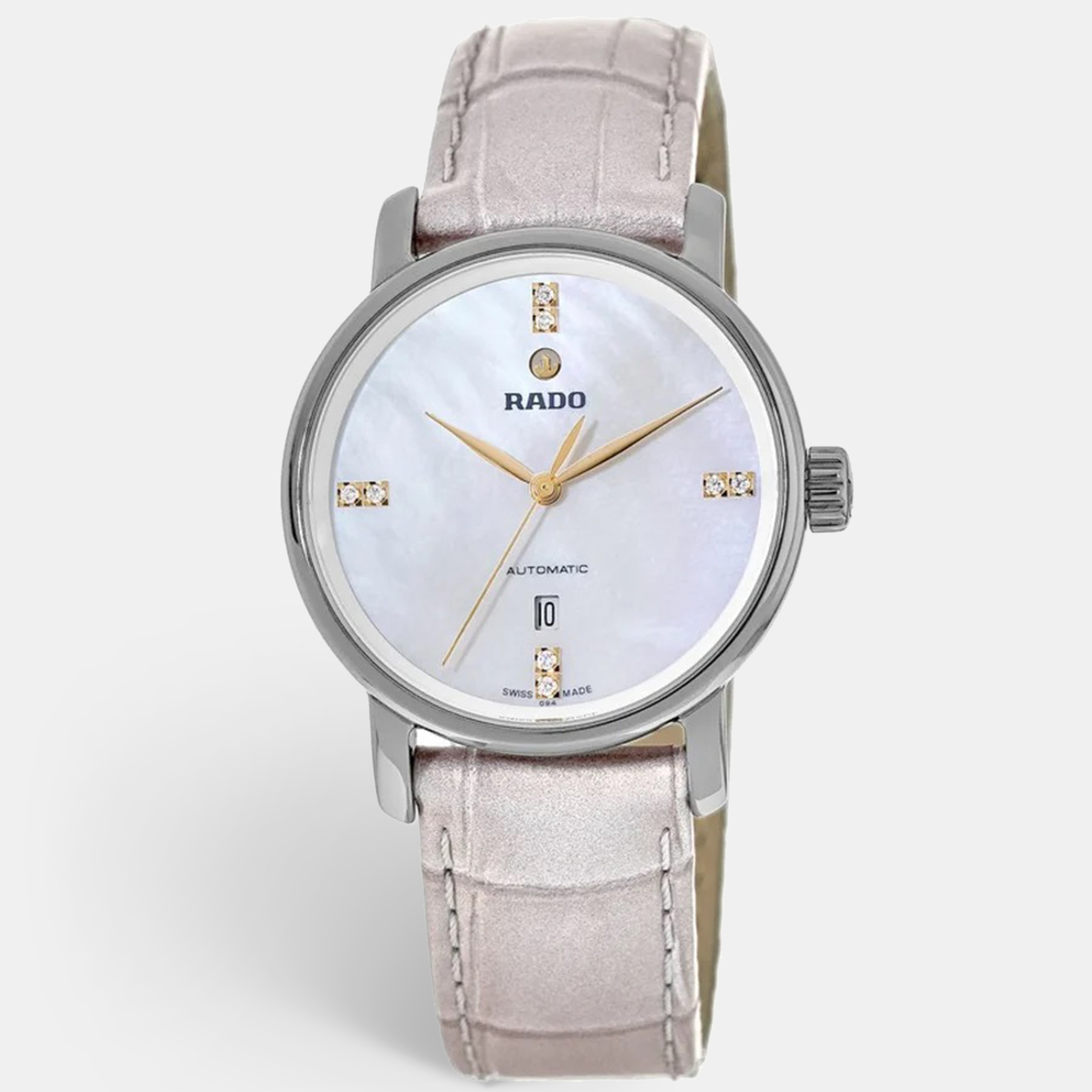 Pre-owned Rado Mother Of Pearl Plasma Diamond High-tech Ceramic Leather Diamaster R14026945 Women's Wristwatch 33 M In White