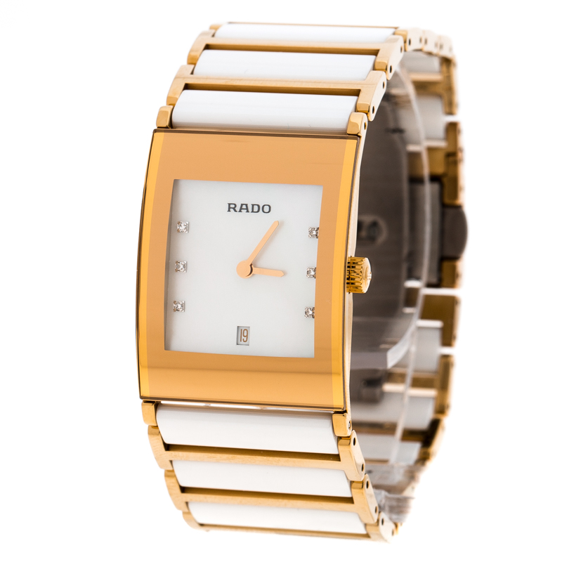 Rado White Mother of Pearl Gold Plated Steel Ceramic Integral Jubile R20791901 Women's Wristwatch 23 mm