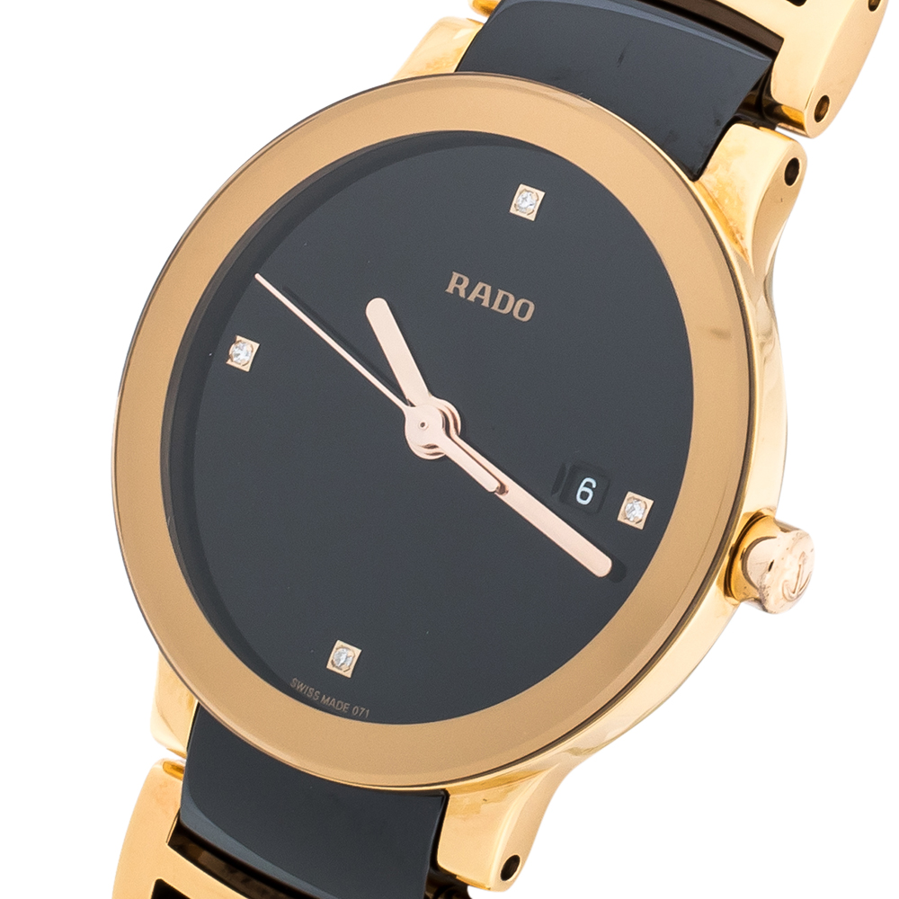 

Rado Black Ceramic Gold PVD Coated Stainless Steel Diamond Centrix R30555712 Women's Wristwatch