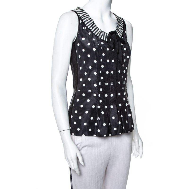 

Louis Vuitton Black Polka Dot Printed Silk & Cotton Contrast Neck Detail Sleeveless Top