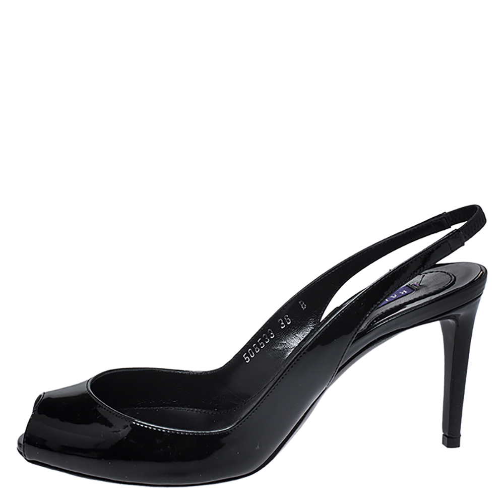 

Ralph Lauren Black Patent Leather Slingback Airia Peep Toe Sandals Size