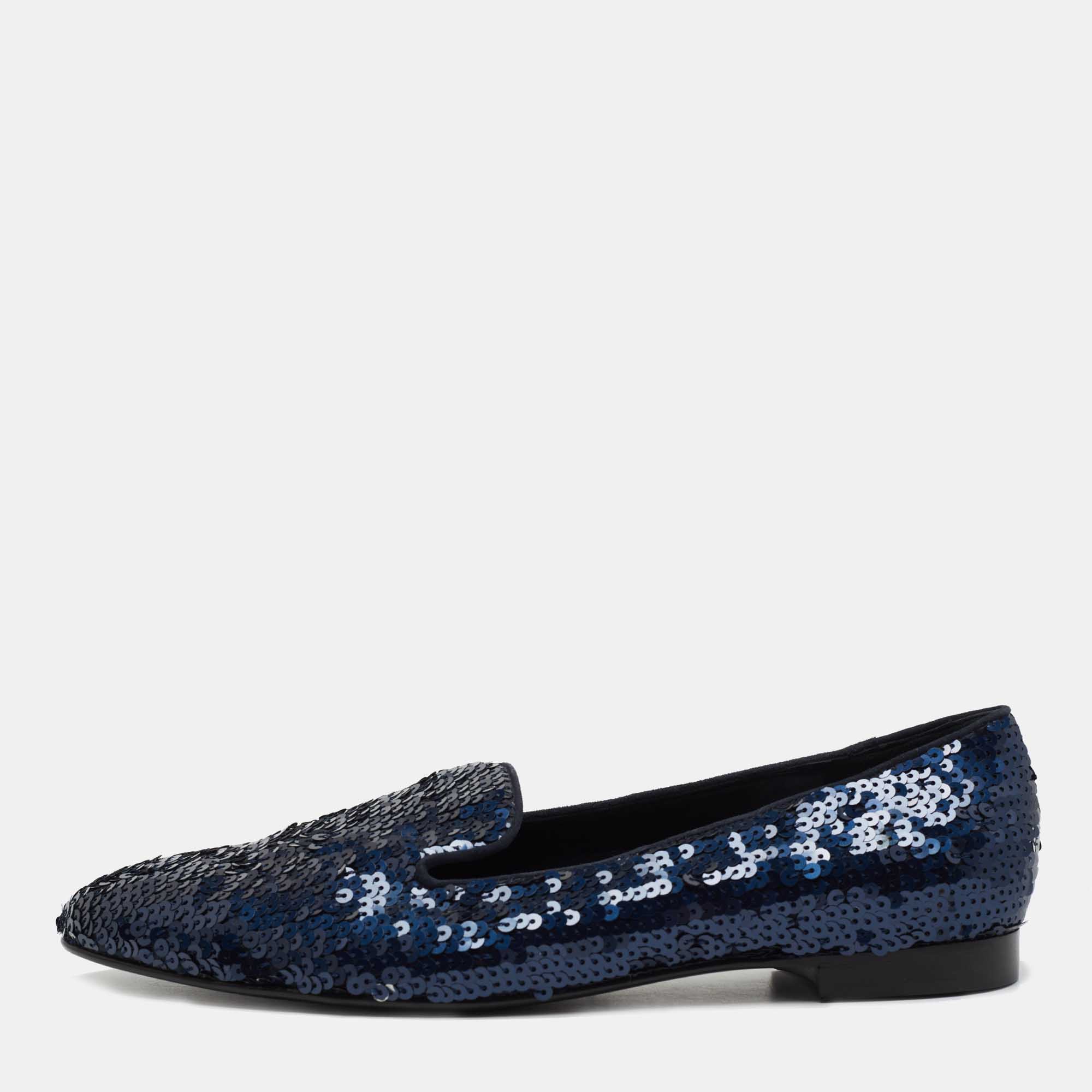 Pre Owned Ralph Lauren Collection Navy Blue Sequin Quintessa Smoking Slippers Size 40