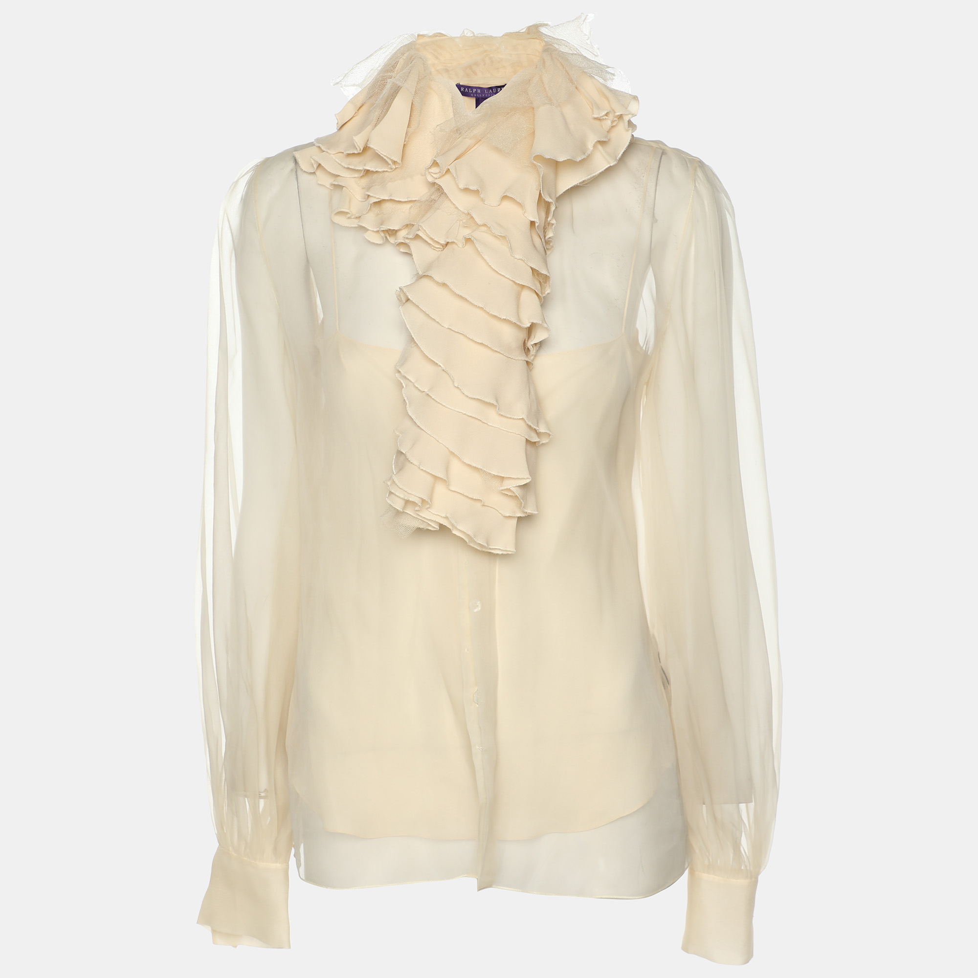 

Ralph Lauren Collection Beige Chiffon Ruffled Trim Tops S