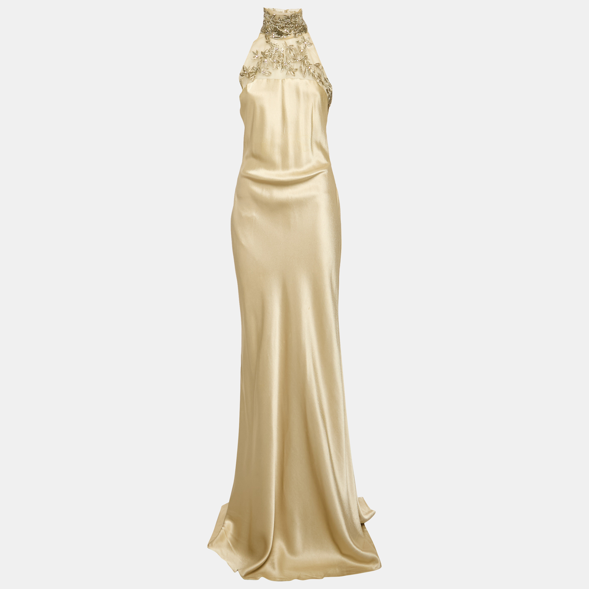 

Ralph Lauren Collection Gold Silk Satin Embellished Yoke Gown M