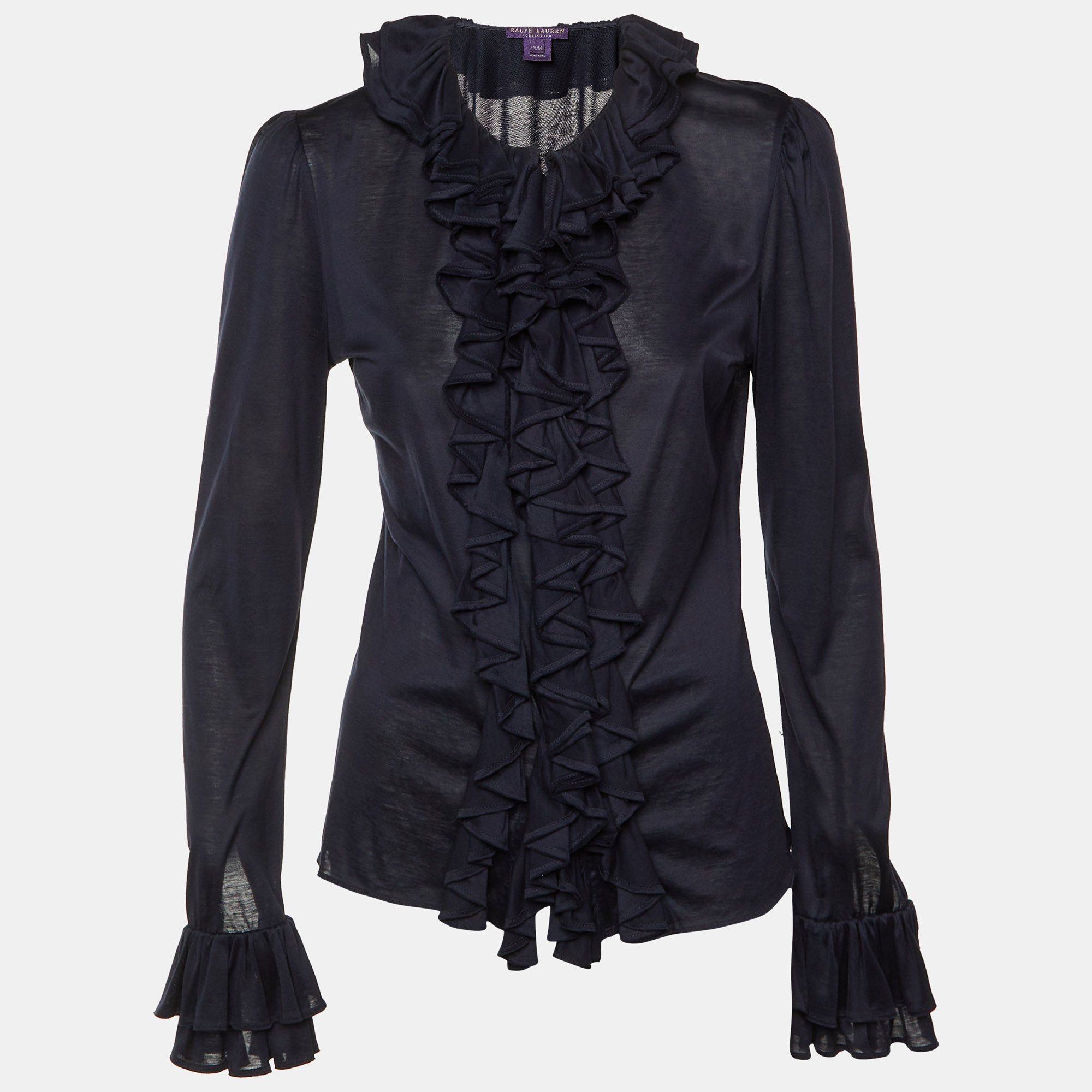 Pre-owned Ralph Lauren Navy Blue Cotton Frill Detail Sheer Blouse M