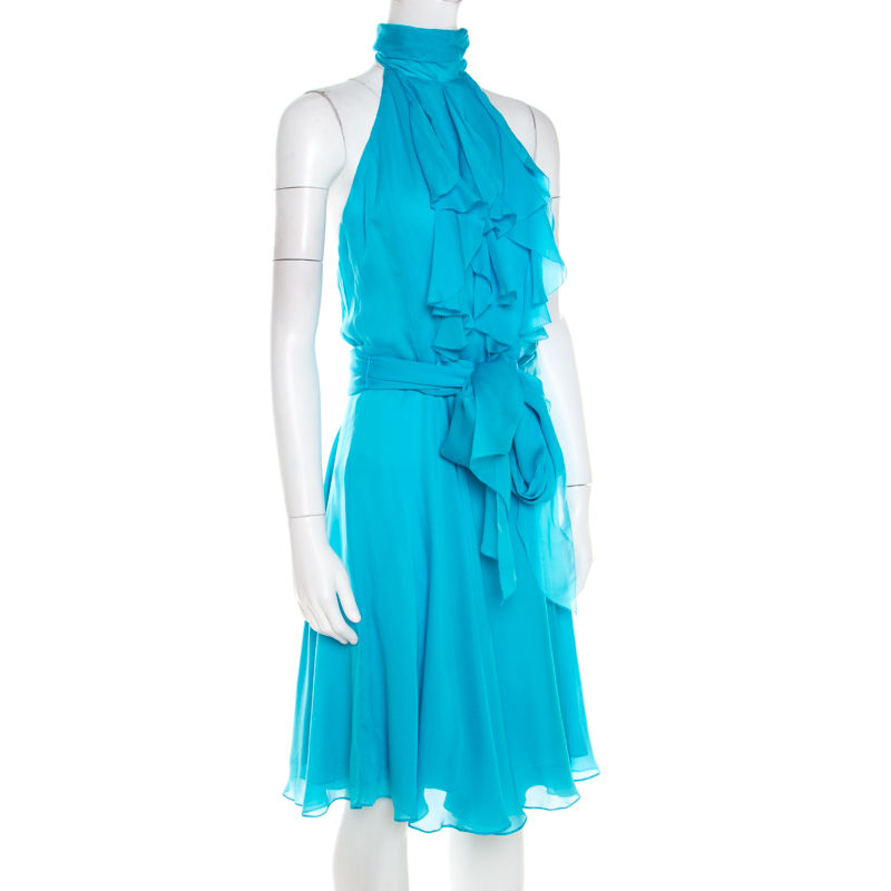 

Ralph Lauren Collection Sky Blue Silk Ruffled Blackless Halter Dress
