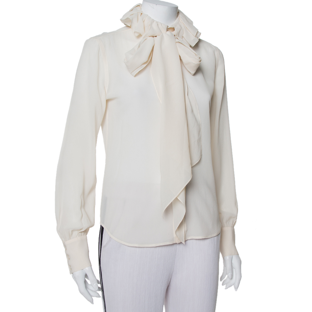 

Ralph Lauren Collection Beige Silk Ruffed Belted Neck Detail Shirt, Cream