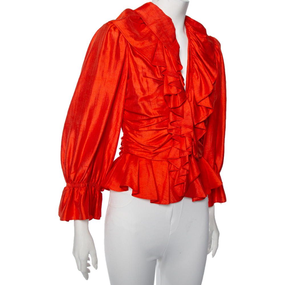 

Ralph Lauren Collection Orange Raw Silk Ruffled Ruched Blouse