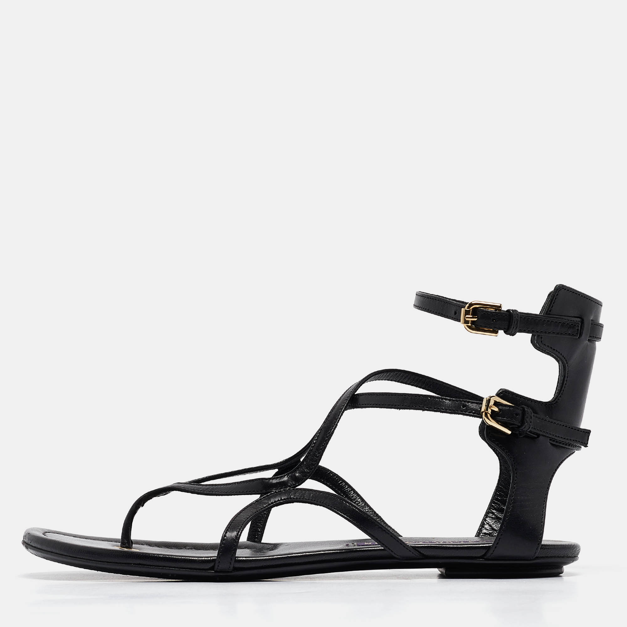 

Ralph Lauren Collection Black Leather Ankle Strap Flat Sandals Size