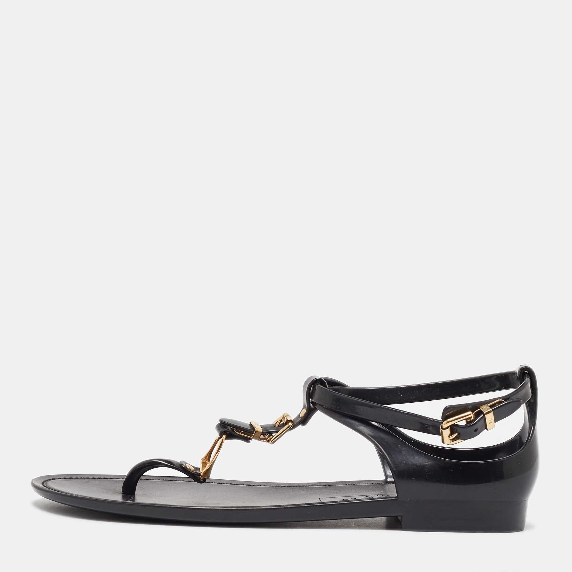 

Ralph Lauren Black Jelly Karly T-Strap Flat Sandals Size 38.5