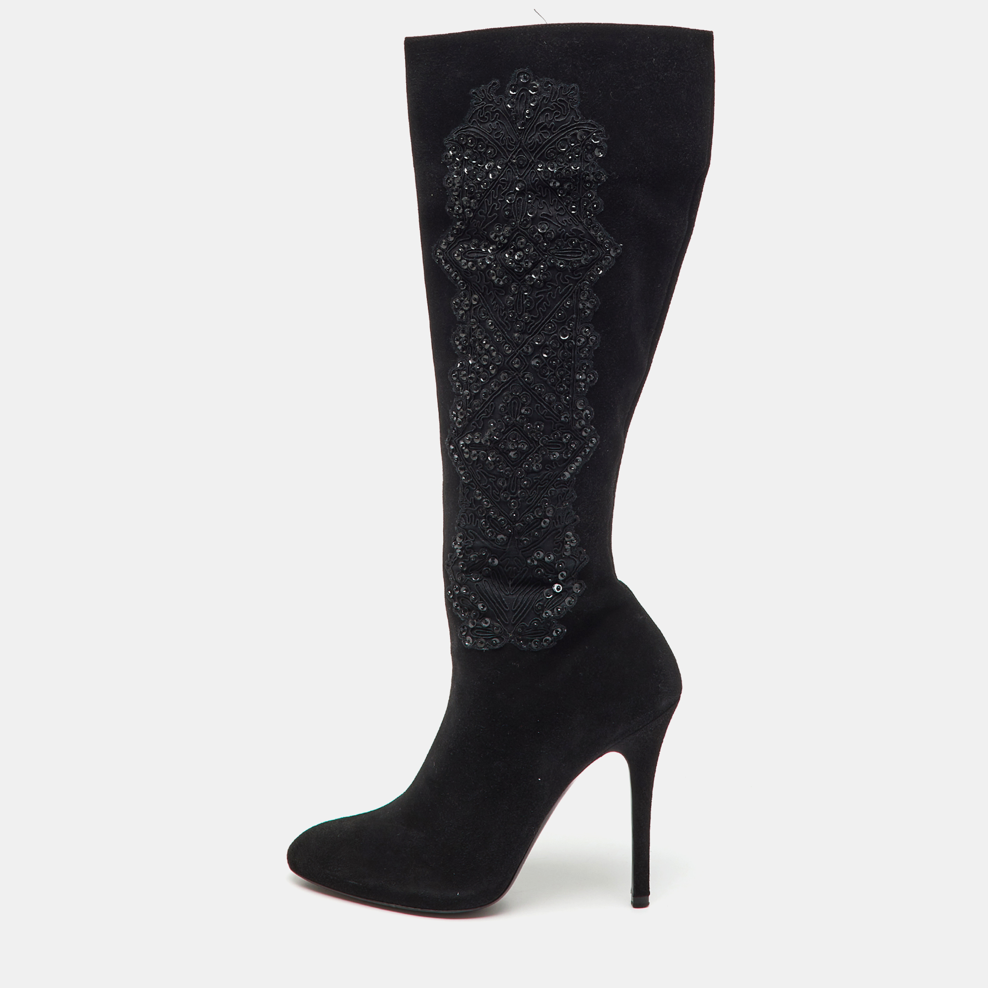 Pre-owned Ralph Lauren Black Suede Embroidered Patchwork Knee Length Boots Size 40