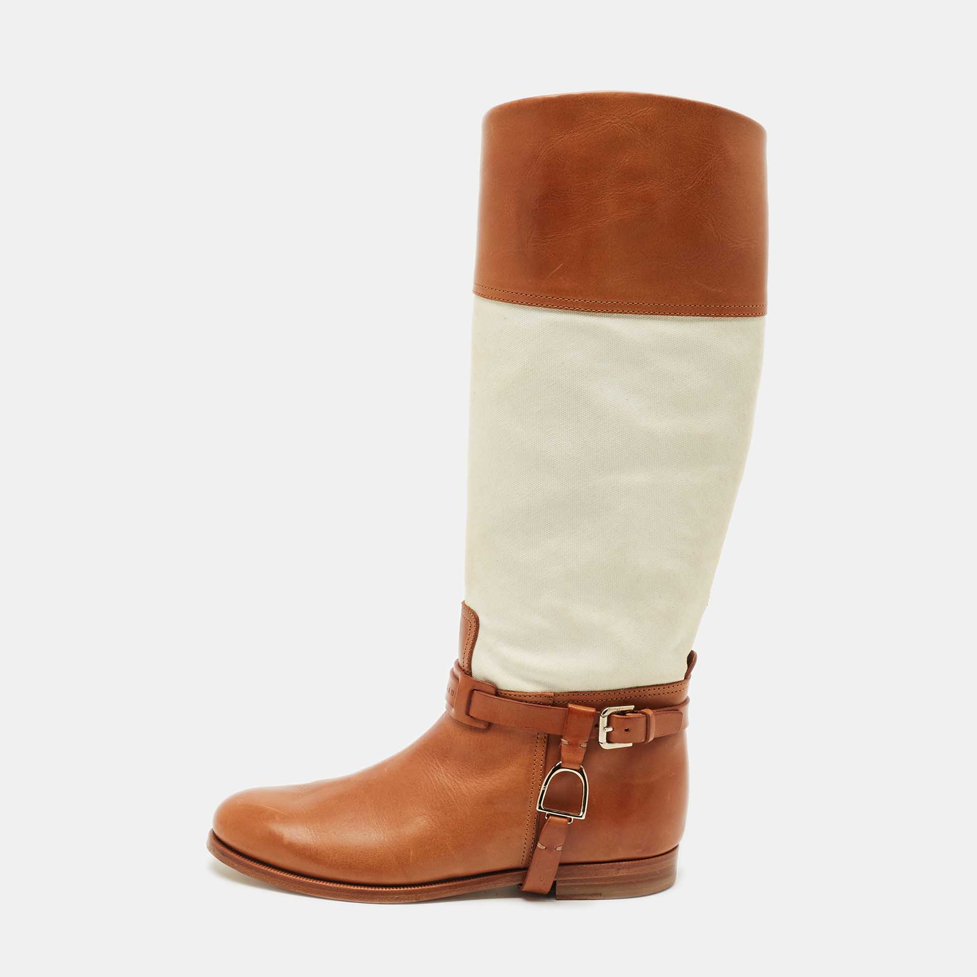 Pre-owned Ralph Lauren Tan/white Canvas And Leather Riding Knee Length Boots Size 38 In Brown