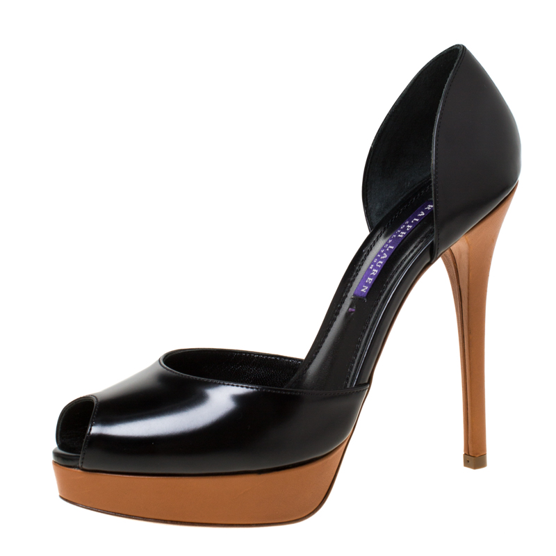 Ralph Lauren Black Leather D'Orsay Peep Toe Pumps Size 38