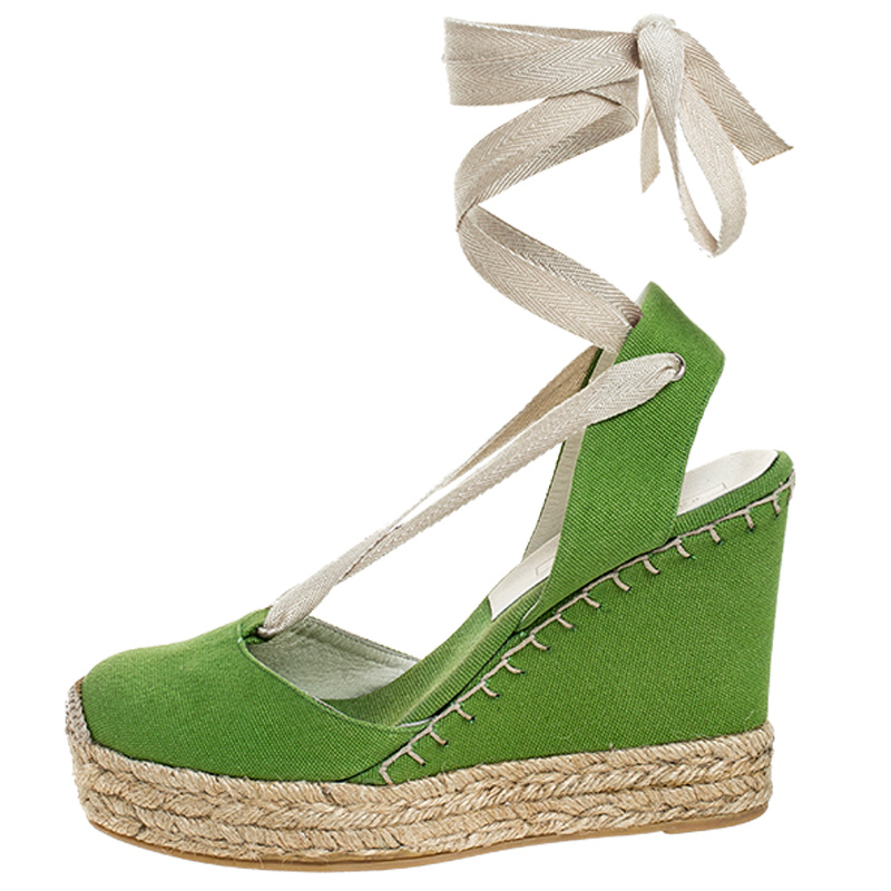 

Ralph Lauren Collection Green Canvas Wedge Platform Ankle Wrap Sandals Size