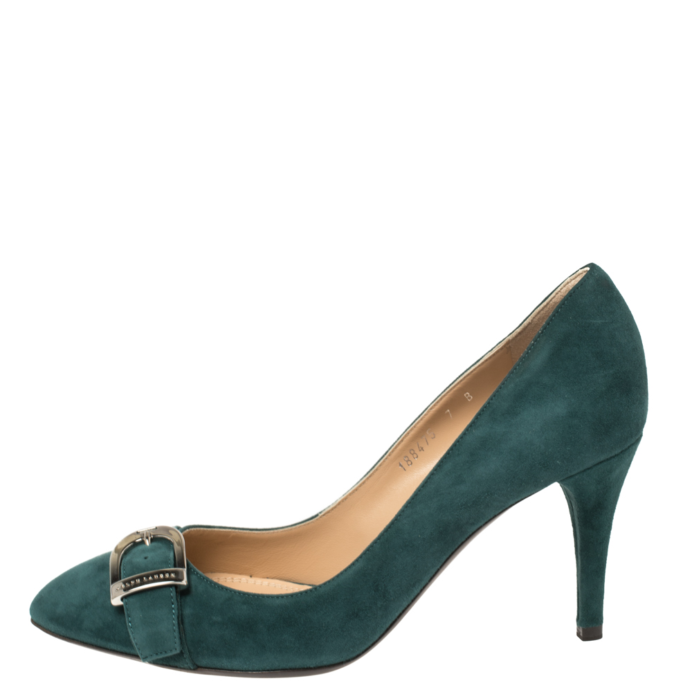 

Ralph Lauren Dark Green Suede Buckle Embellished Pumps Size