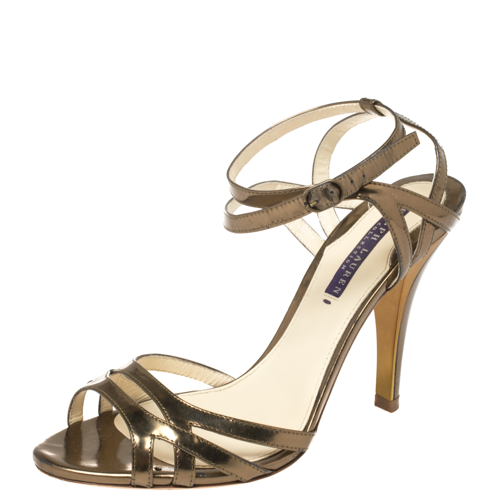 Pre-owned Ralph Lauren Metallic Bronze Leather Ankle Strap Sandals Size 37