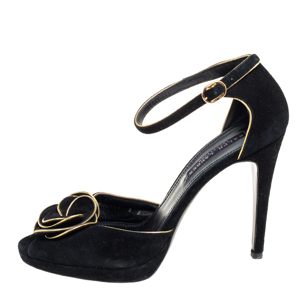 

Ralph Lauren Collection Black Suede Rose Peep Toe Ankle Wrap Sandals