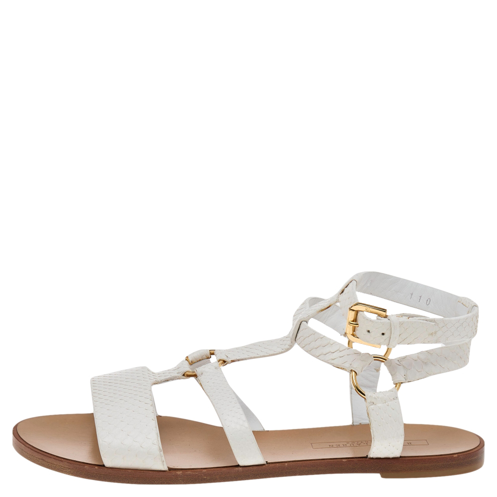 

Ralph Lauren Collection White Python Strappy Flat Sandals Size