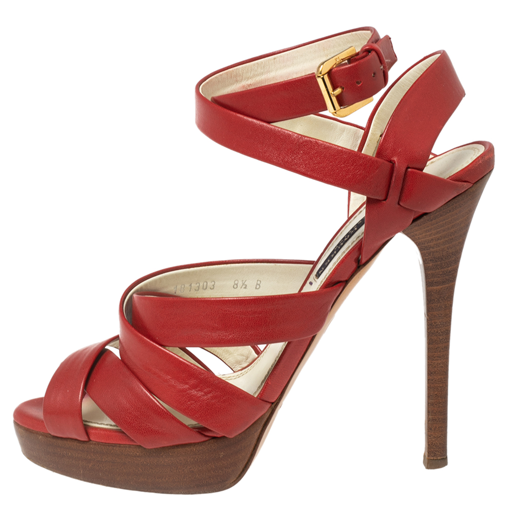 

Ralph Lauren Collection Red Leather Criss Cross Platform Ankle Strap Sandals Size