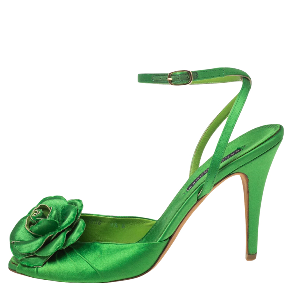 

Ralph Lauren Collection Green Satin Rose Peep-Toe Ankle-Strap Sandals Size