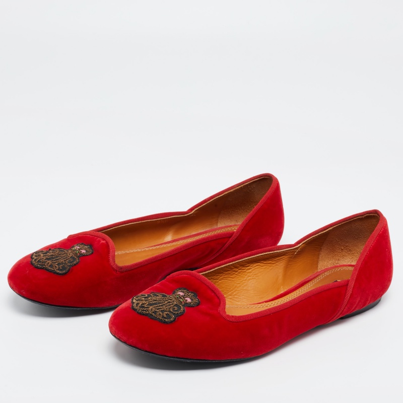 

Ralph Lauren Collection Red Velvet Embroidered Ballet Flats Size