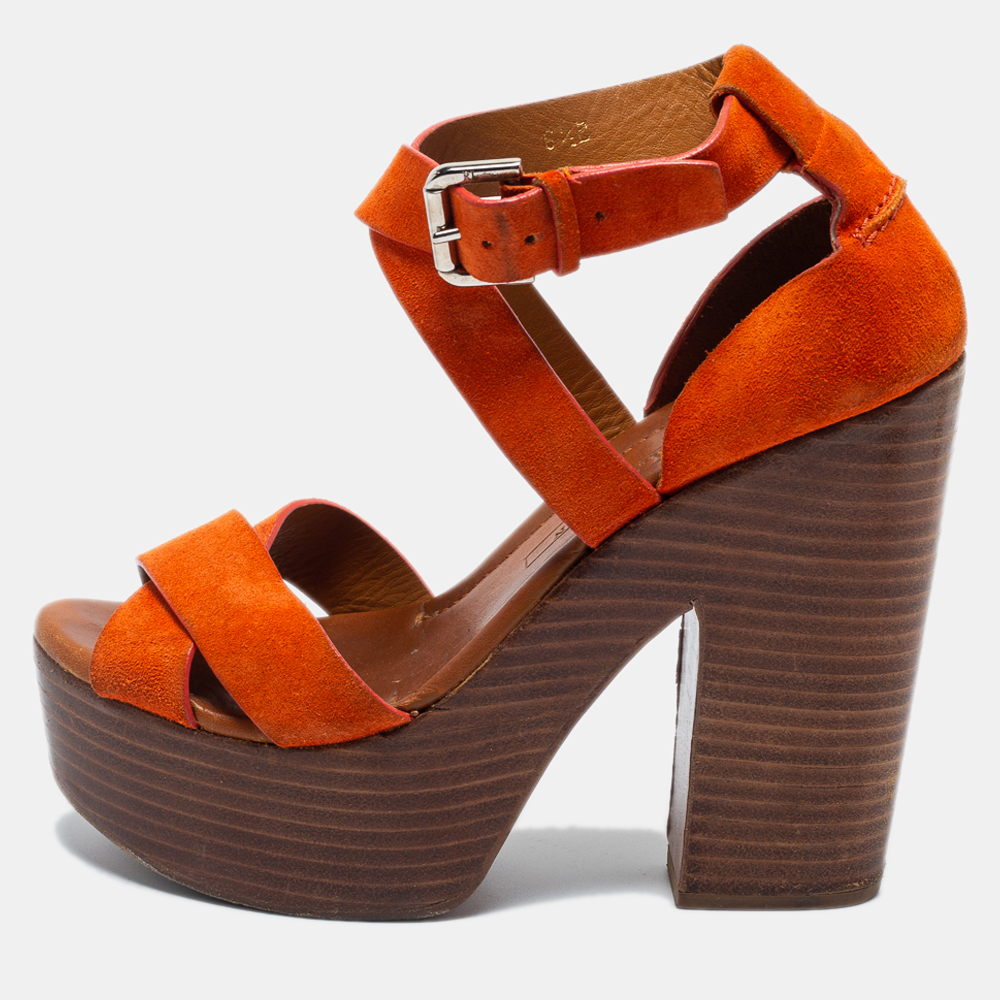 Pre-owned Ralph Lauren Orange Suede Alannah Sandals Size 37