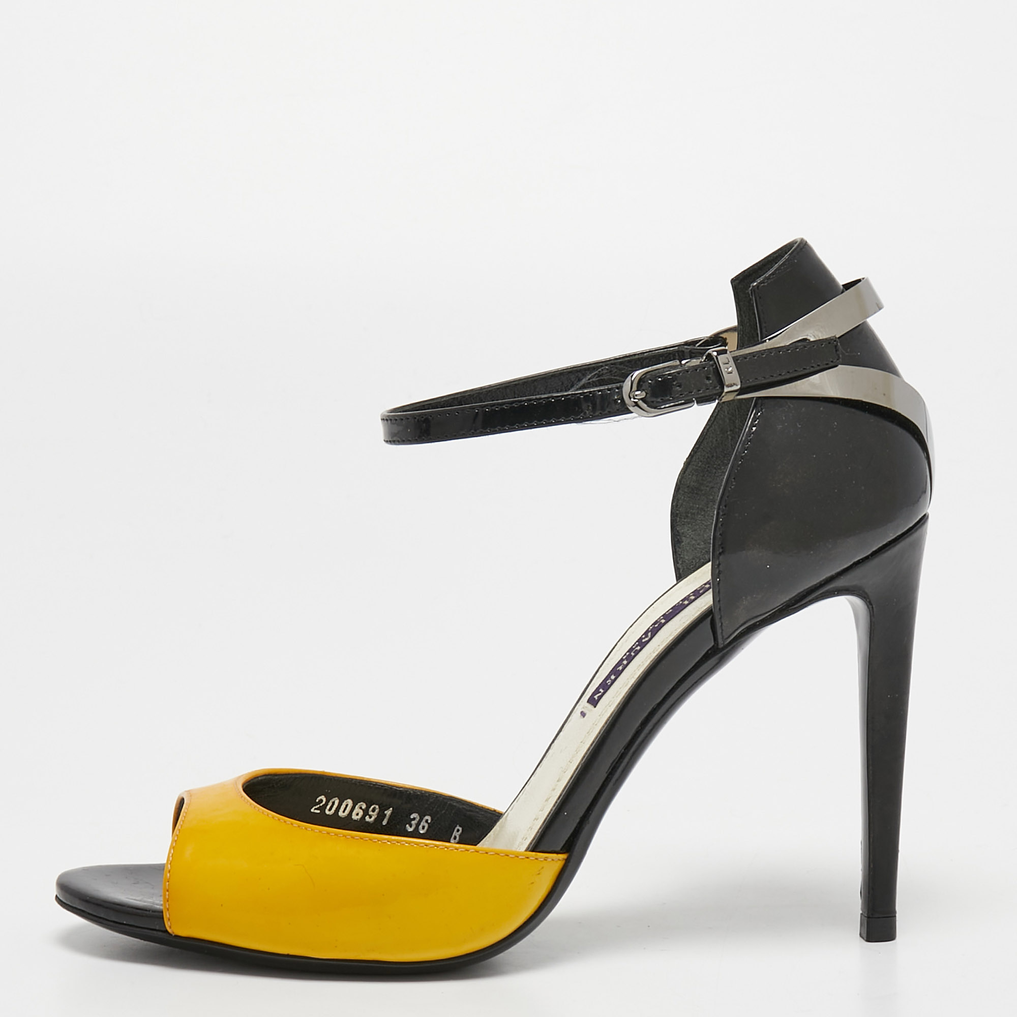 

Ralph Lauren Collection Black/Yellow Patent Leather Ankle Strap Sandals Size