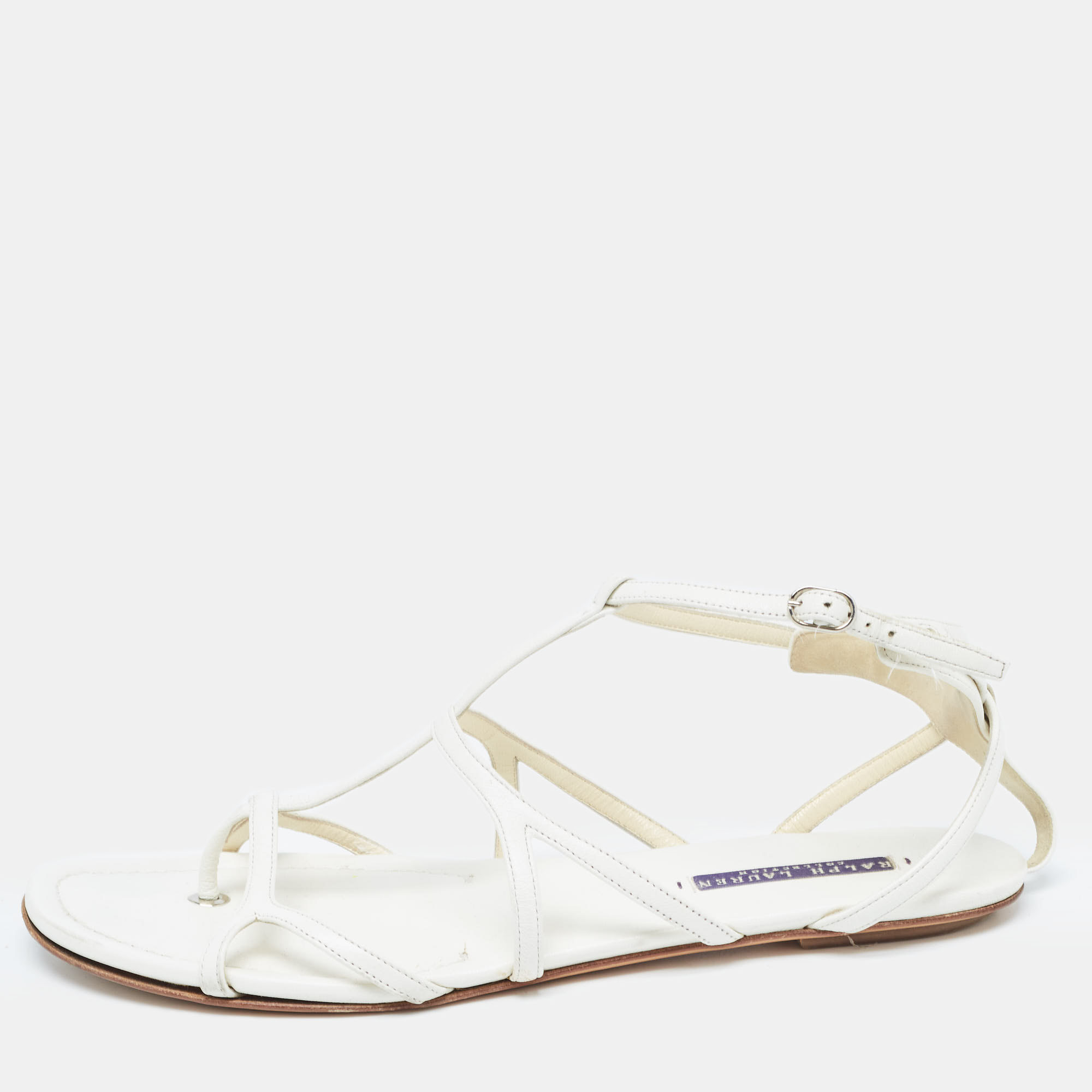 Pre-owned Ralph Lauren White Leather Thong Strappy Flat Sandals Size 41