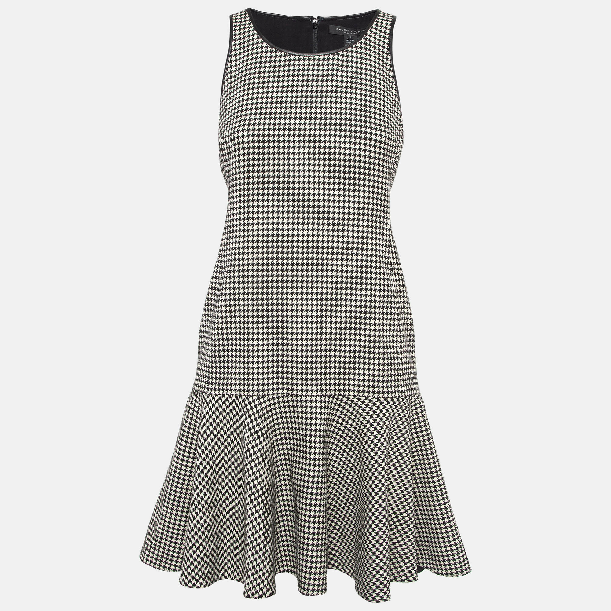 Pre-owned Ralph Lauren Black/white Houndstooth Wool Flounce Mini Dress S