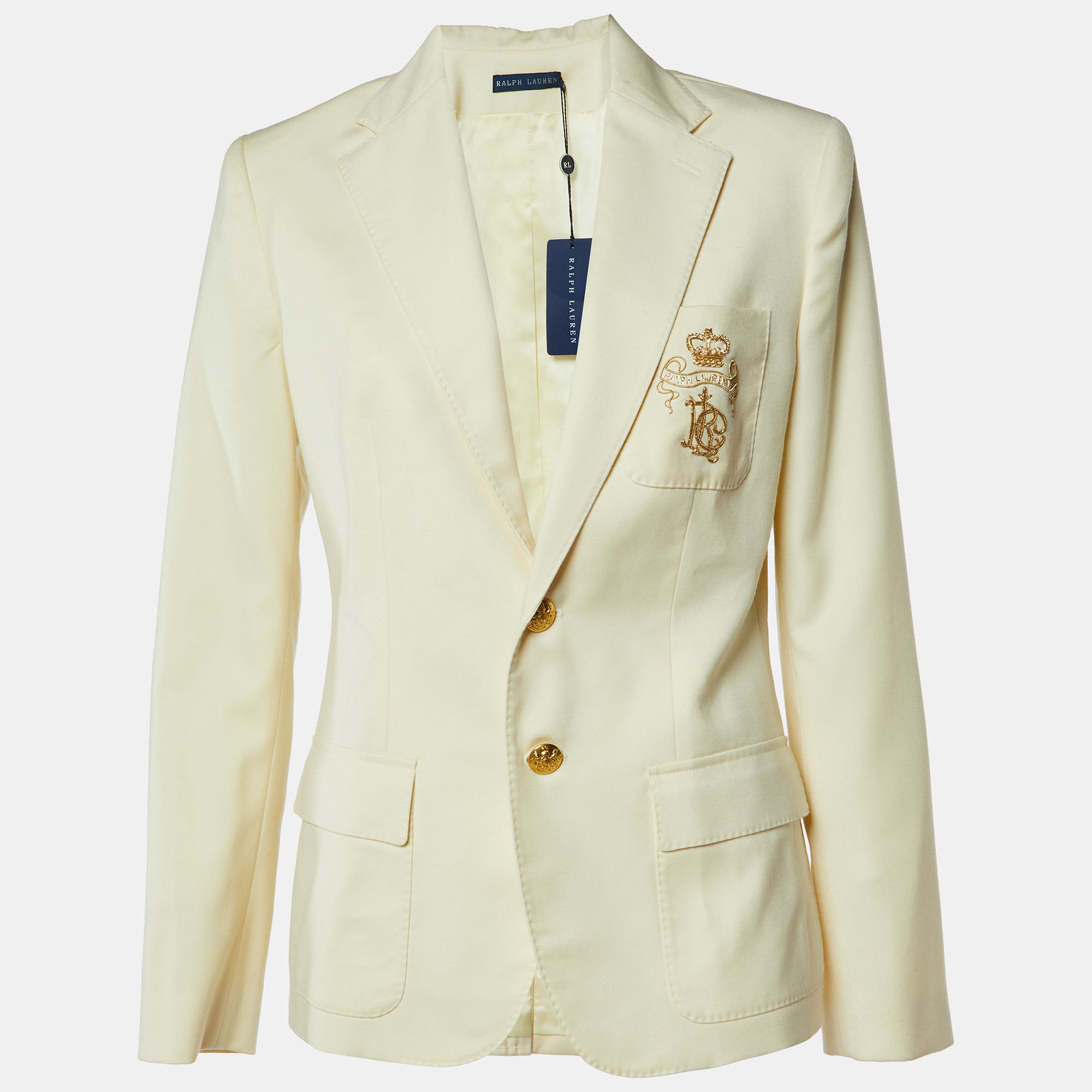 Pre-owned Ralph Lauren Yellow Wool Crest Detail Blazer L