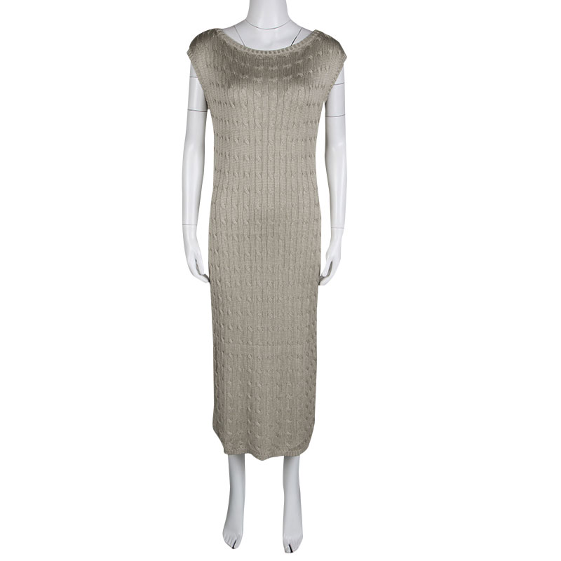

Ralph Lauren Beige Cable Pattern Silk Knit Cap Sleeve Boat Neck Midi Dress