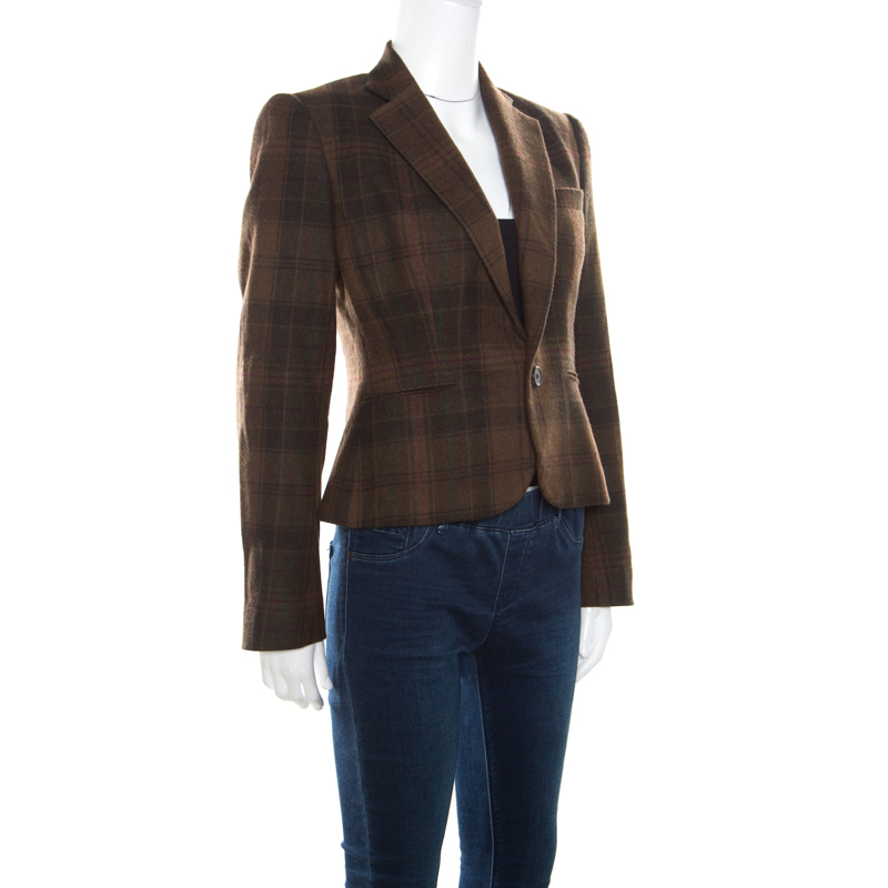 

Ralph Lauren Brown Cashmere Tartan Plaid Cropped Edmund Blazer