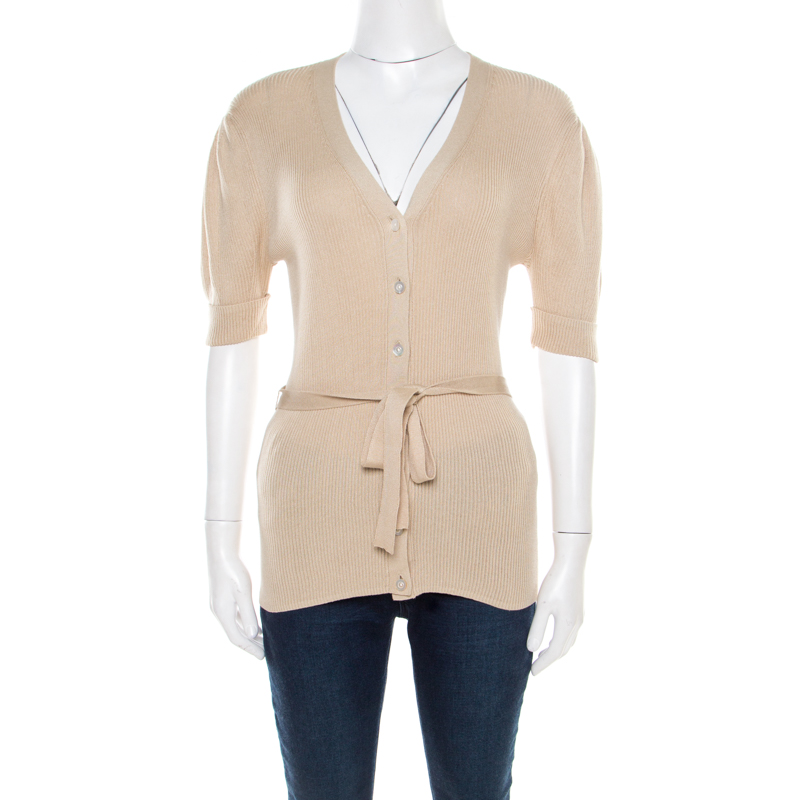 Ralph Lauren Beige Cotton and Silk  Rib Knit Belted Button Front Cardigan L
