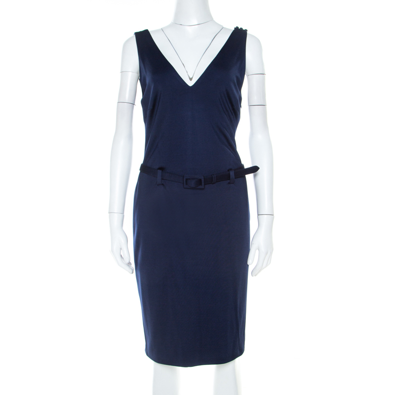 Pre Owned Ralph Lauren Navy Blue Stretch Knit Sleeveless Belted Sheath Dress M