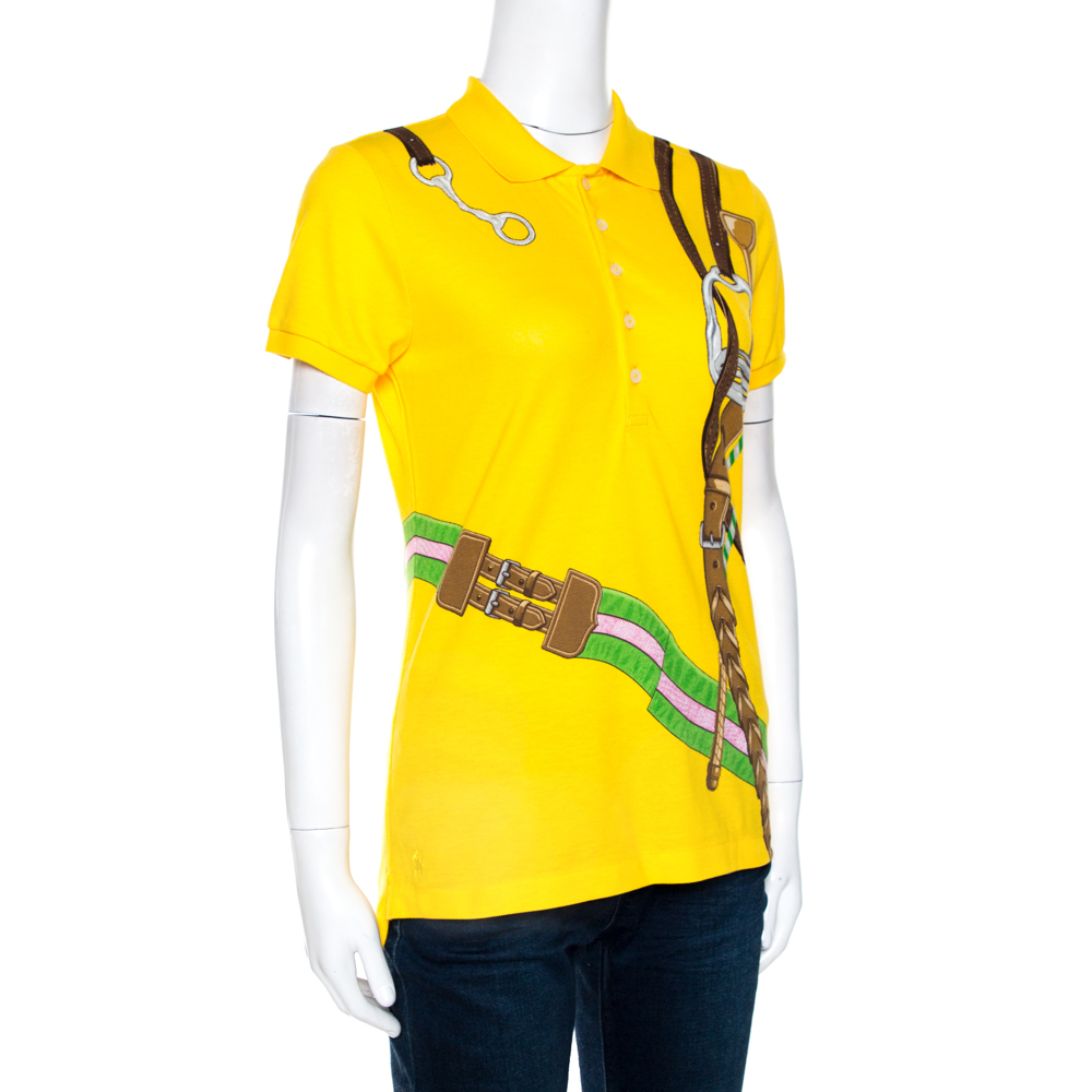 

Ralph Lauren Yellow Equestrian Print Cotton Skinny Polo T-Shirt