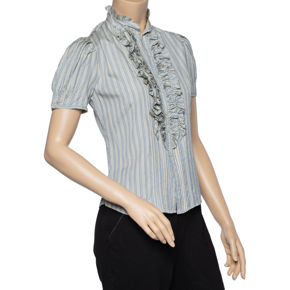 

Ralph Lauren Light Blue Striped Silk Ruffled Neck Detail Shirt S