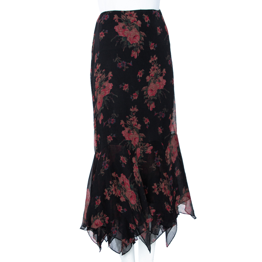

Ralph Lauren Black Floral Printed Silk Gathered Detailed Midi Skirt