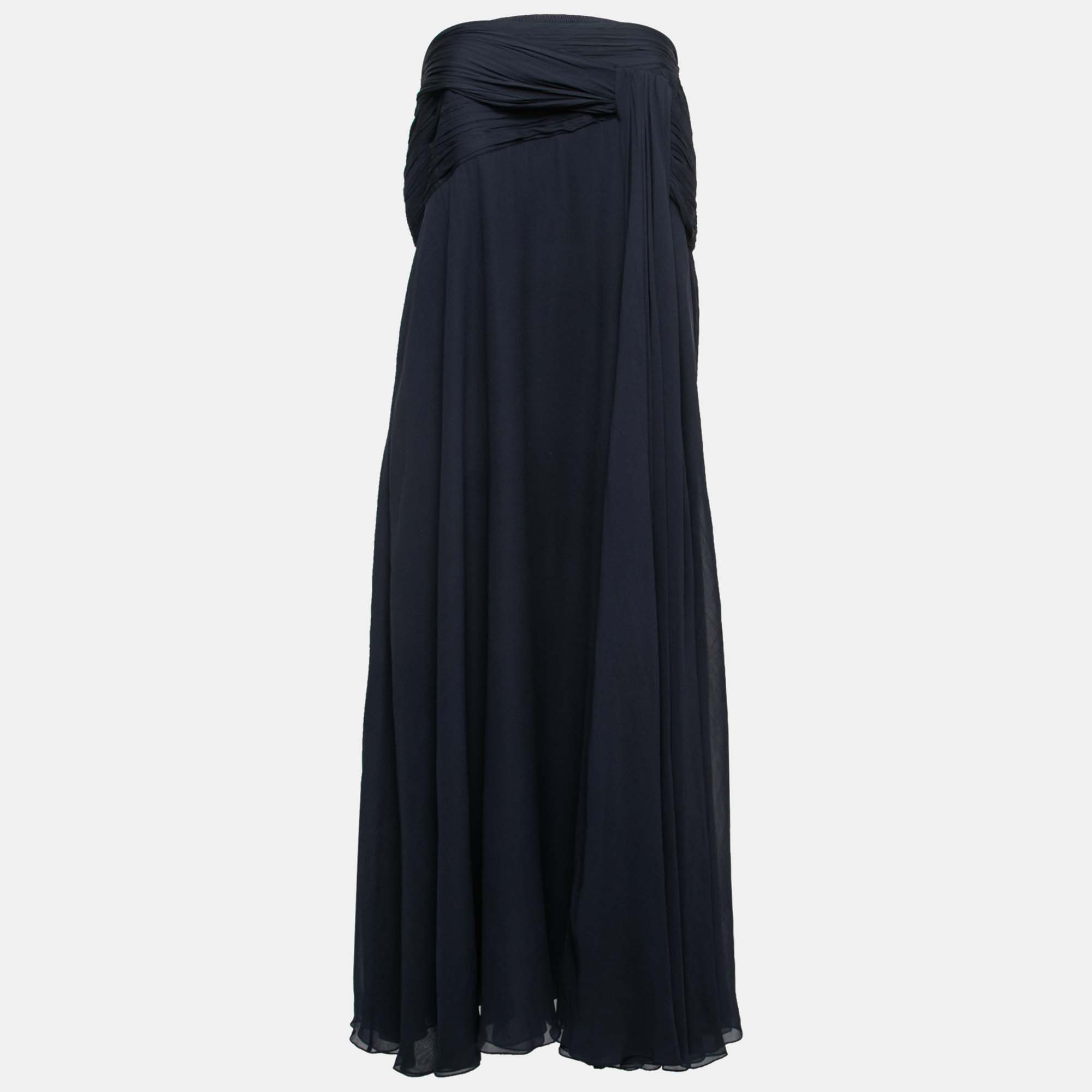 Pre Owned Ralph Lauren Navy Blue Silk Pleat Detailed Maxi Skirt M